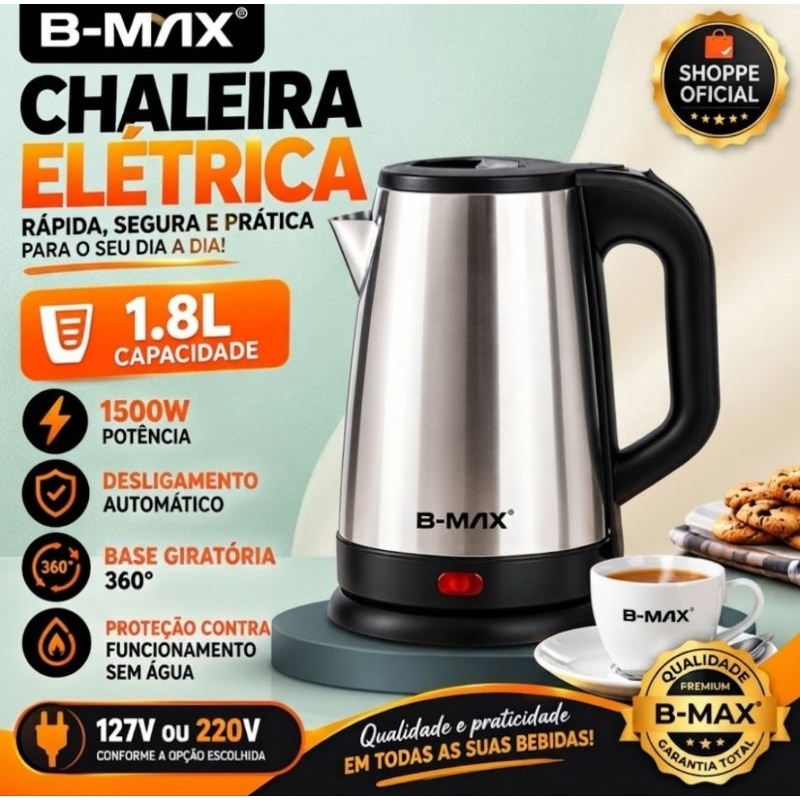 Jarra Chaleira Elétrica Em Aço Inox 1.8L Filtro Inoxidável Desligamento Automático Base Giratória Ferve Rápido