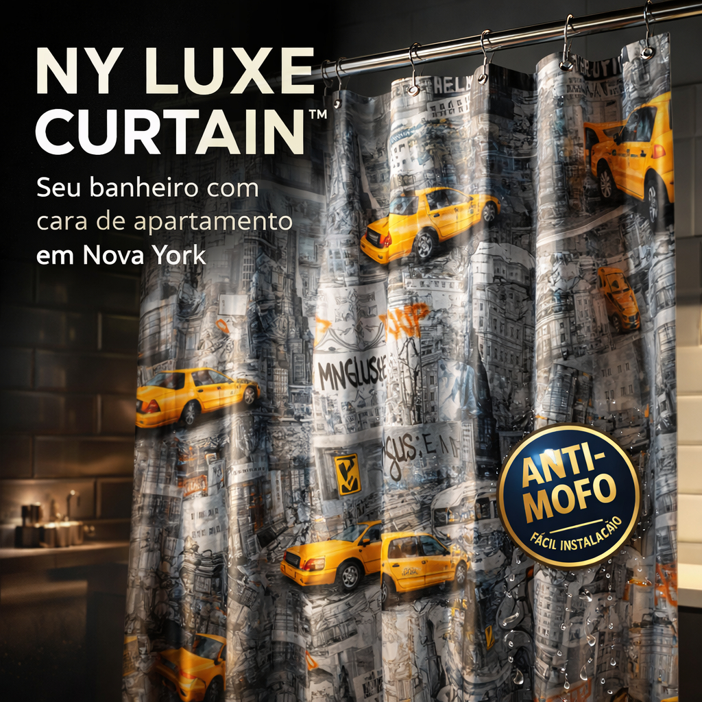 Cortina Box Banheiro NY Luxe Curtain Impermeável Anti Mofo Com Ganchos Decoração Moderna Nova York