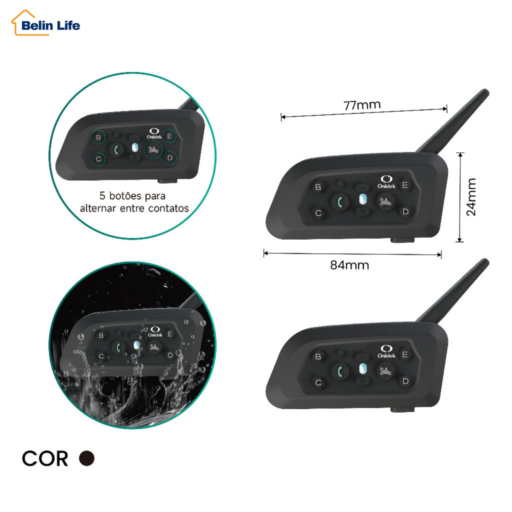 Intercomunicador De Capacete Bluetooth 5.1 Kit 2 Peças 1200m À Prova D'água IP55 Onistek ON-MC823