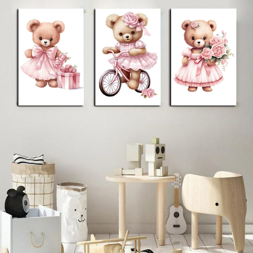 Quadros de decoração para quarto infantil, Ursinha, ursa rosa, Bicicleta flores, kit com 3 placas - Tam 20x30cm