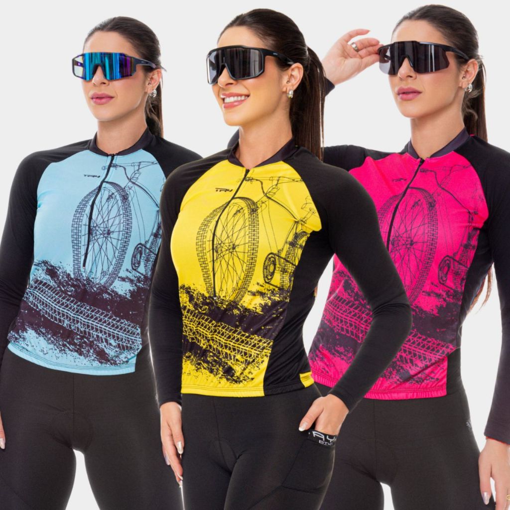Camisa Ciclismo Feminina Proteção UV Várias Cores Manga Longa Inverno Frio Bike Pedal