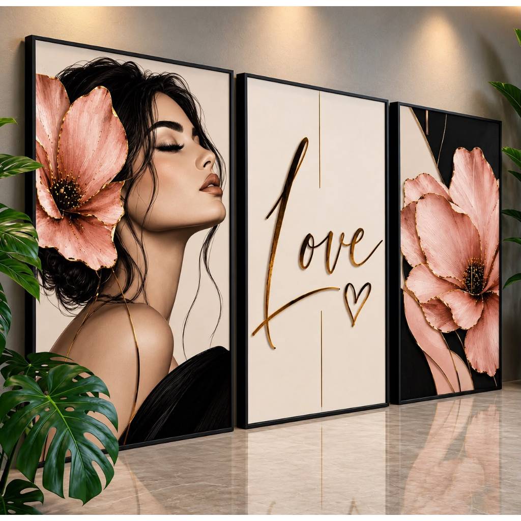 Quadros Decorativos Para Sala Kit 3 Quadros Feminino Floral Love Rosa Moderno Minimalista Hall