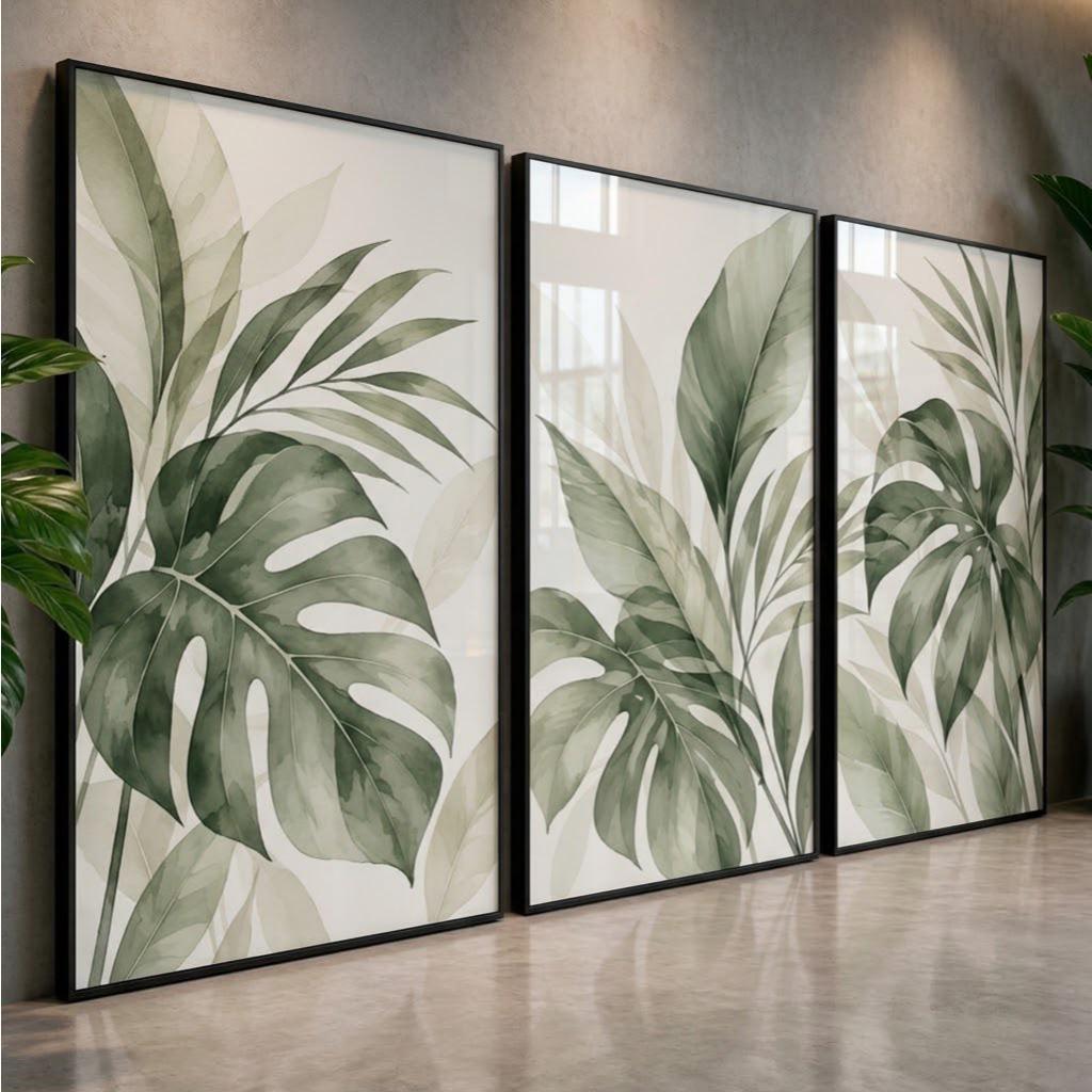 Quadros Decorativos Folhas Tropicais Verde Minimalista Floral Para Sala Quarto Luxo 3 Peças Hall