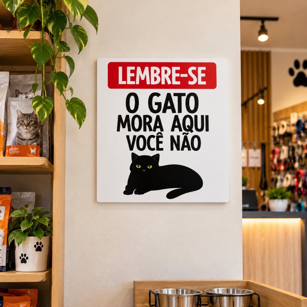 Placa Decorativa Gato Mora Aqui 20x20 Frase Divertida Pet GT50