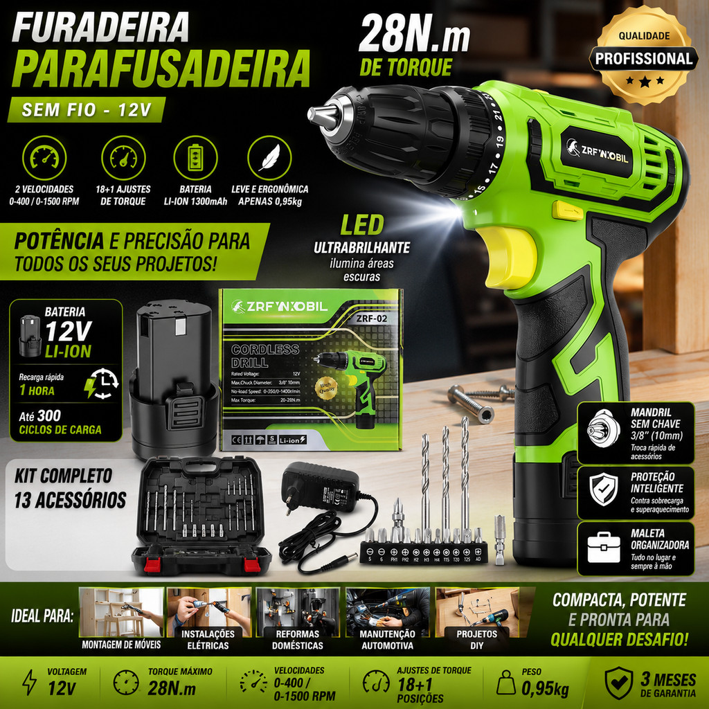 Furadeira Parafusadeira 12V Sem Fio 28N.m Bateria Recarregável 1300mAh LED 2 Velocidades 3/8