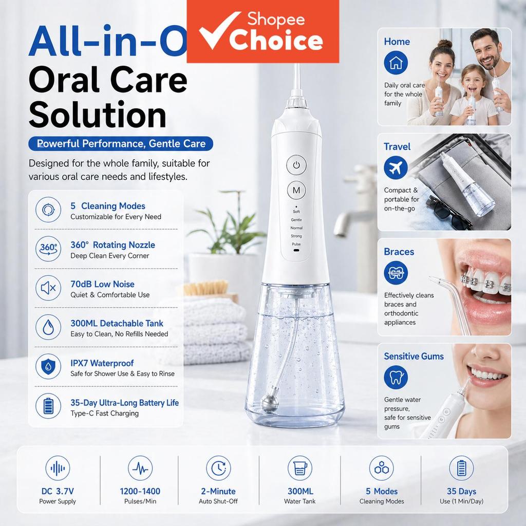 Waterpik para os dentes, limpador de pulso de alta frequência, bateria de grande capacidade de 1300mAh, autonomia de até