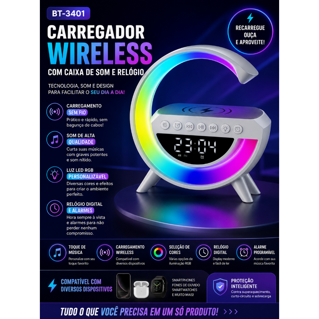 Carregador por Indução com Led sem fio alto falante