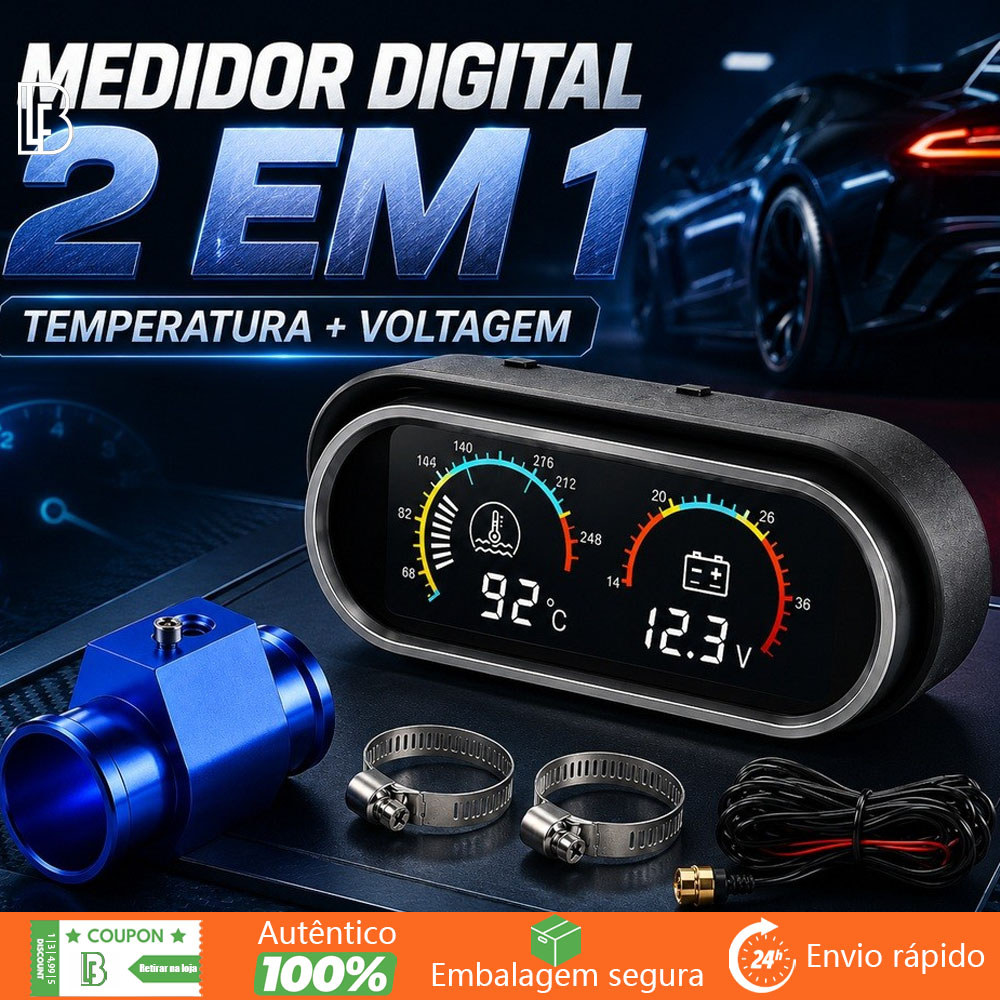 2 in 1 Digital Car Clock + T Adapter | Temperature + Voltage | Alert | Easy Installation