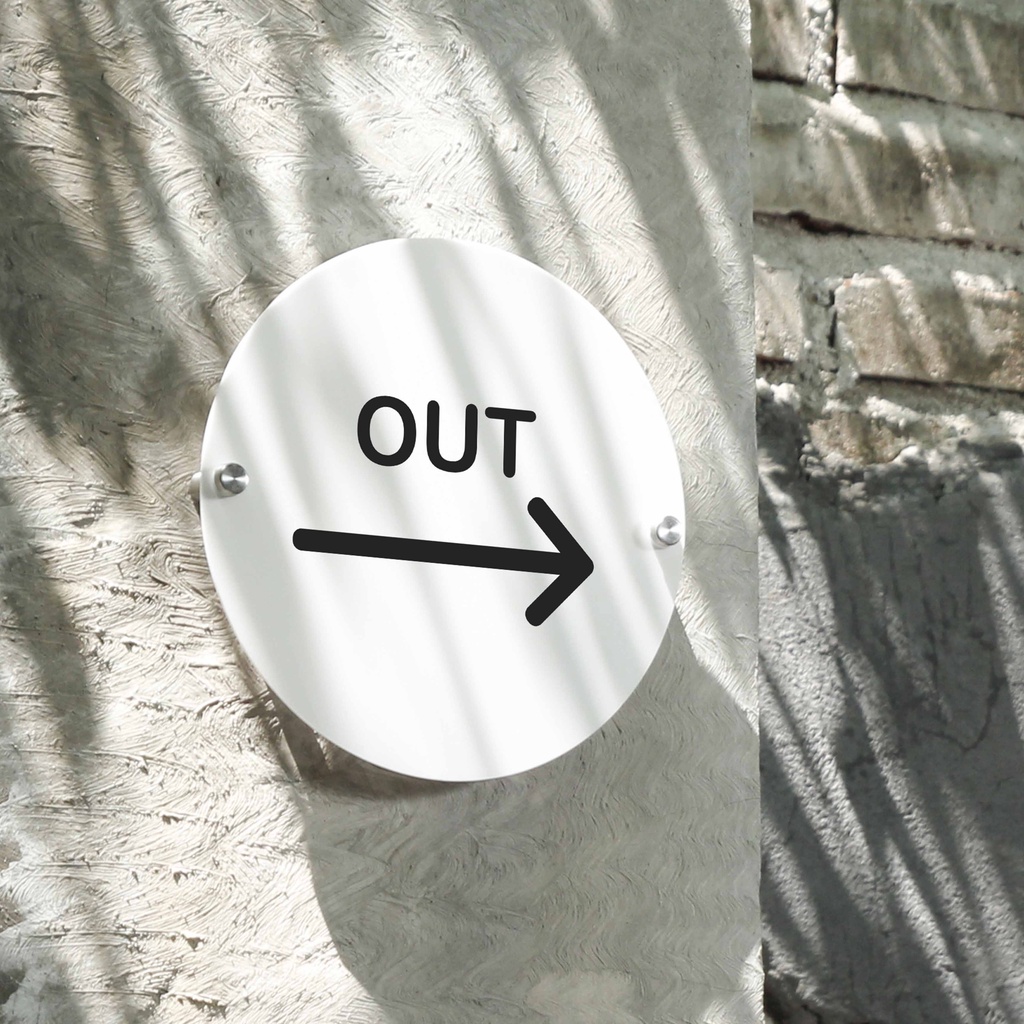 INPI HOUSE Signage Out Arrow-Placa Direcional-Formato Redondo-Acrílico Branco