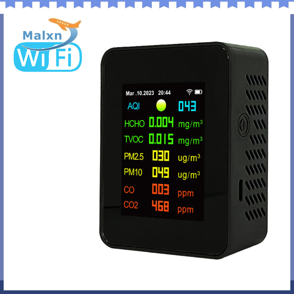 Malxn-br Tuya Wifi Medidor portátil de qualidade do ar 7 em 1 PM2.5 PM10 Óxido carbônico CO2 TVOC HCHO AQI Tester TFT