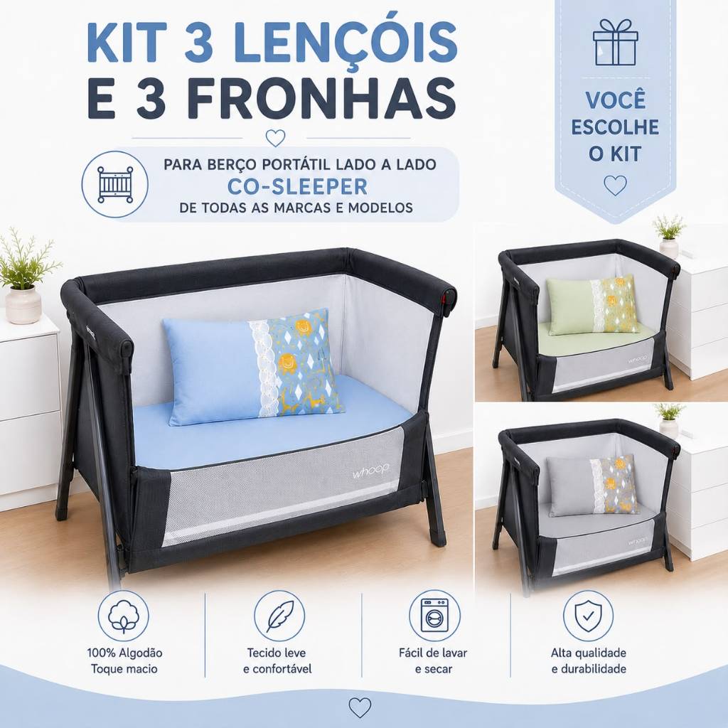 KIT 3 LENÇOL E 3 FRONHAS BERÇO PORTATIL LADO A LADO CO-SLEEPER SIDE BY SIDE OU CO-BED 100% Algodão