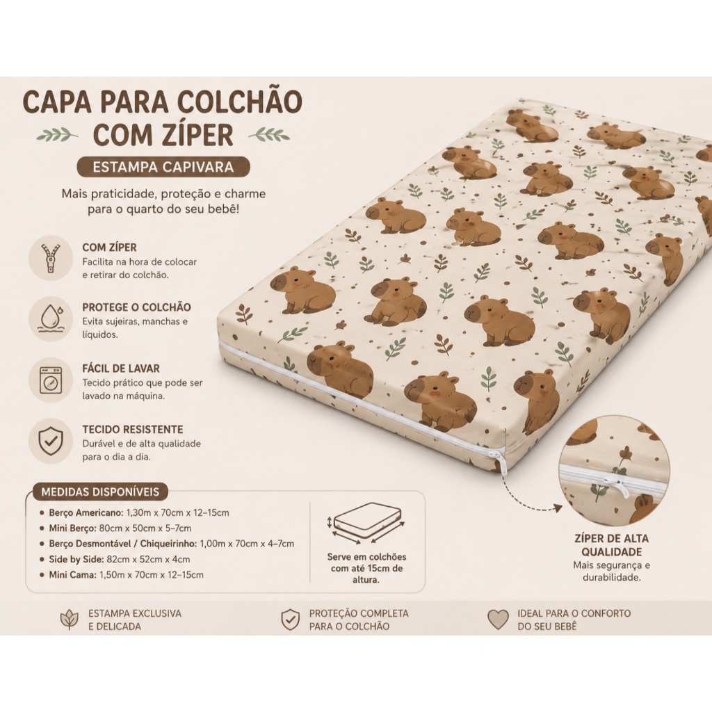 Capa para colchão berço side by side 85cm x 50cm com ziper
