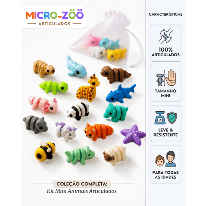 Kits Sortidos Micro-Zoo - Mini Animais 100% Articulados - Kits 06/12/16/24/32 unidades Chaveiro Fidget Lembrancinha