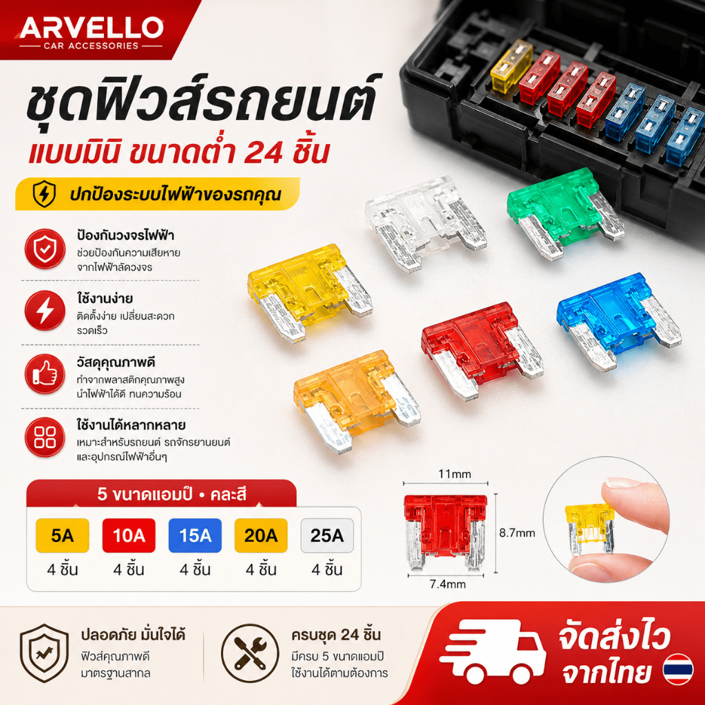 Arvello 24pcs Auto Car Tru Motocicleta Fusíveis 5A 10A 15A 20A Tamanhos Mistos Kit De Baixo Perfil Micro Mini Fusível