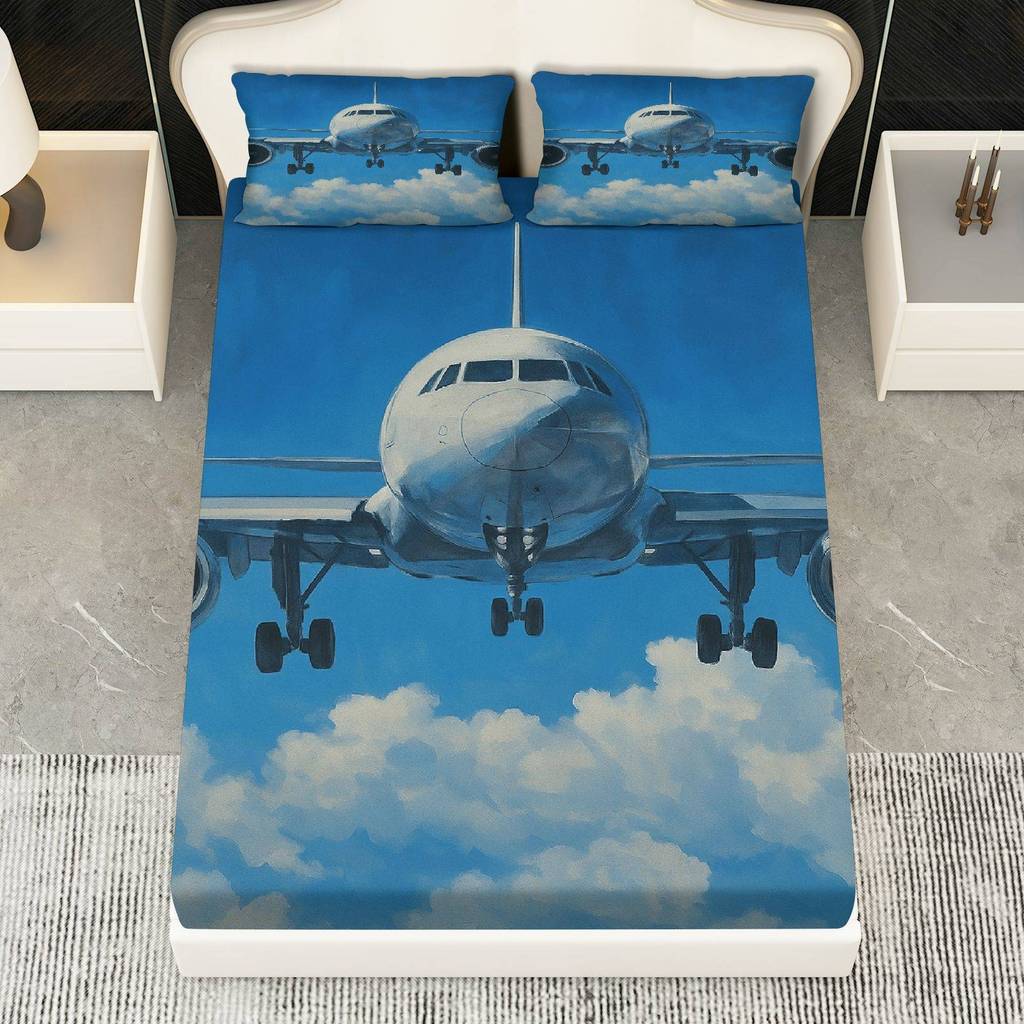 Conjunto 3 Peças Lençol Sky Plane Clouds (1 Justo+2 Fronhas, Sem Núcleo), Tema Viagem