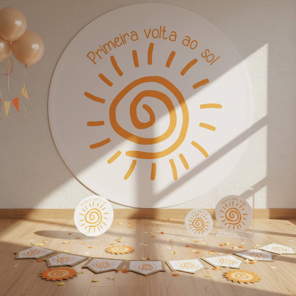 Painel De Festa 1° Volta Ao Sol Decoração 1,5x1,5 Redondo com Elástico 1 Aninho de Idade Colorido 1 Ano Bebês Unissex