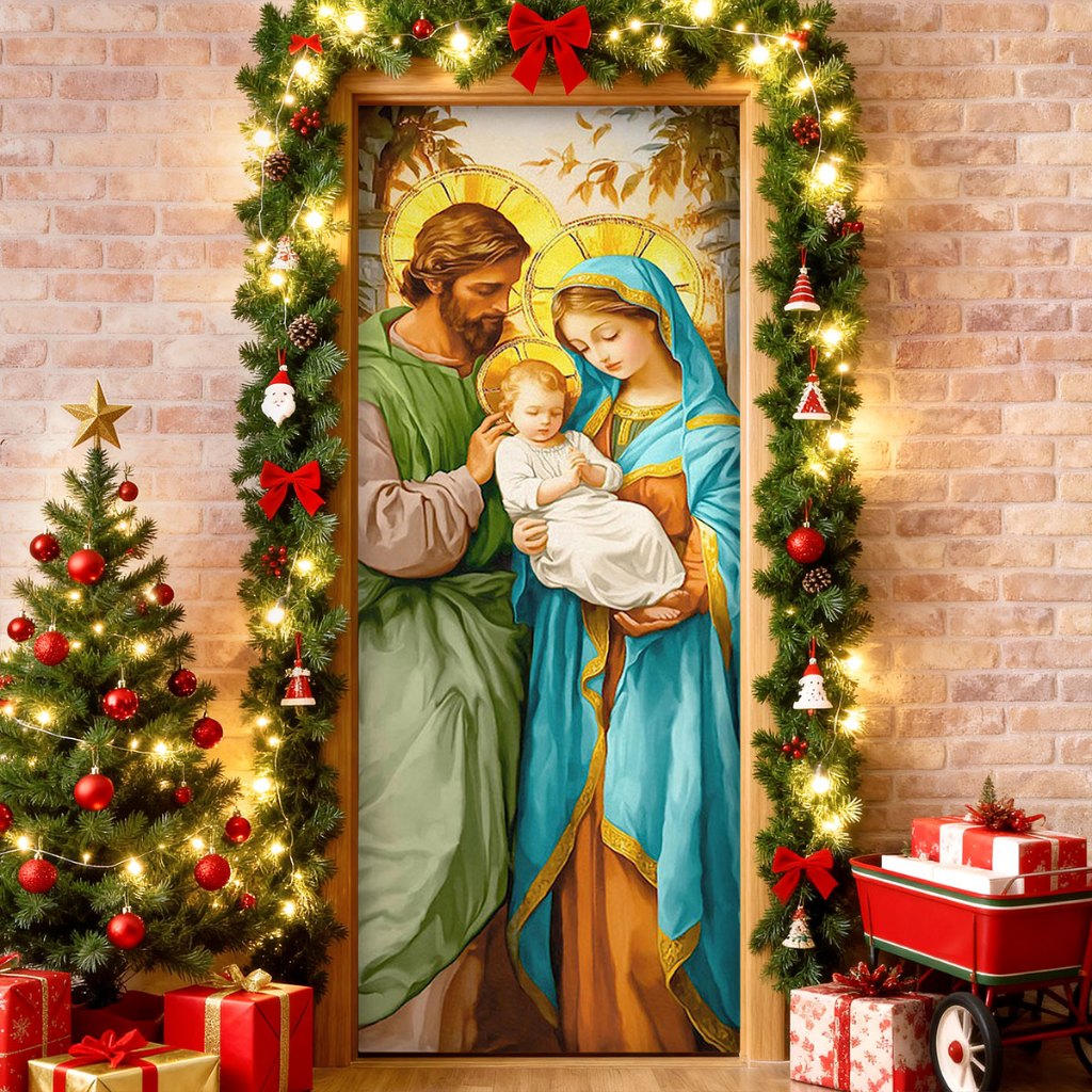 Painel Capa De De Porta Natal Religioso Sublimado Em Tecido Veste Fácil 0,80x2,10m C/Elástico