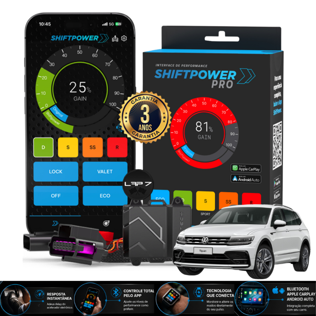Faaftech ShiftPower PRO VW Tiguan 2.0 350 TSI 2018 a 2021 Bluetooth CarPlay Android Auto Pedal Acelerador FT-SP18 PRO