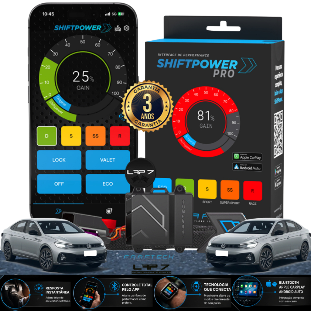 Faaftech ShiftPower PRO VW Virtus 1.4 250 TSI 2023 a 2026 Bluetooth CarPlay Android Auto Pedal Acelerador FT-SP18