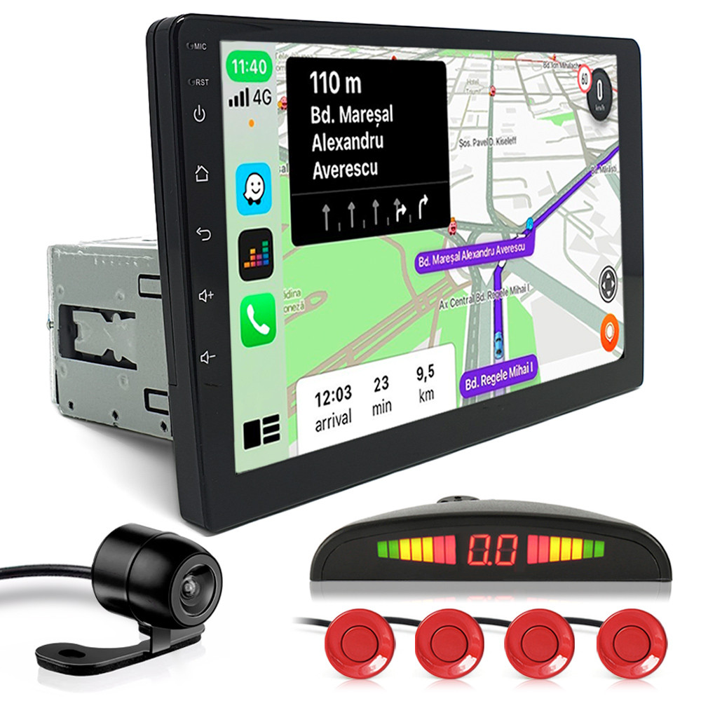Kit Multimídia 1 Din 9 Polegadas + Câmera Ré + Sensor Ré Vermelho Audi A4 2009 2010 2011 2012 2013 Android Auto