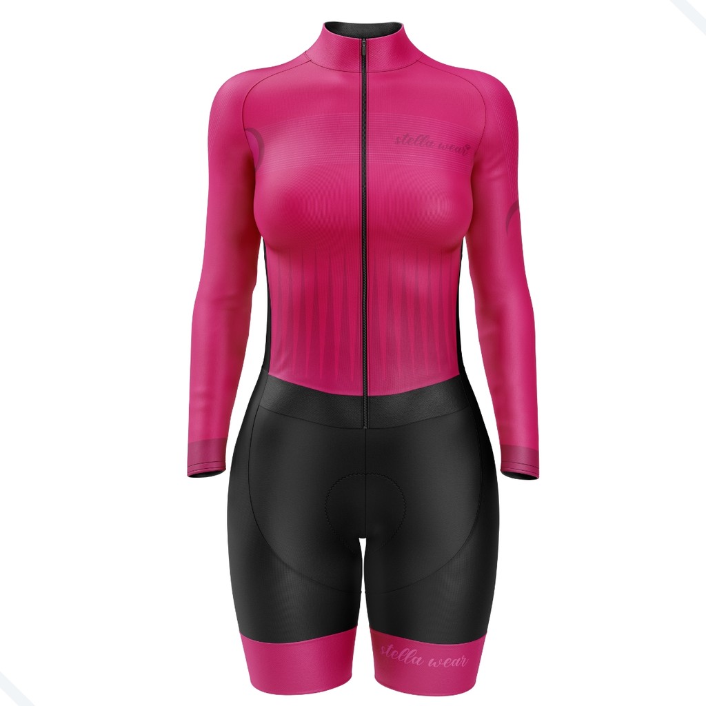 MACAQUINHO CICLISMO STELLA WEAR RISK ROSA COM BOLSOS UV50+