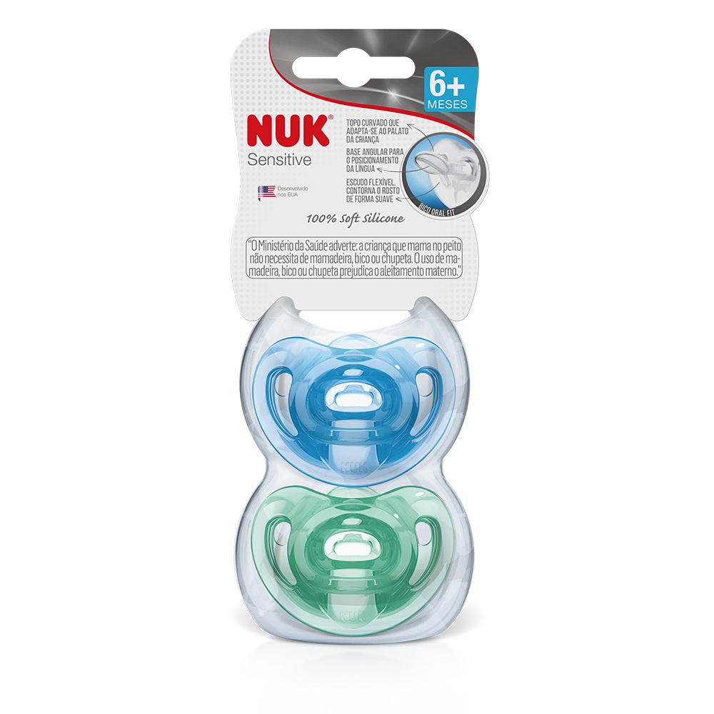 KIT CHUPETA FASE 2 ACIMA DE 6 MESES SENSITIVE SOFT NUK 100% SILICONE BOY C/2UNIDADES ORTO