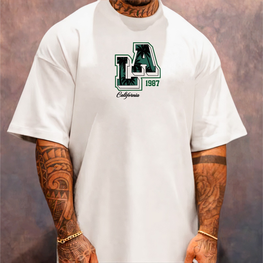 Camiseta Oversized Streetwear Masculina Gola Alta Los Angeles Algodão