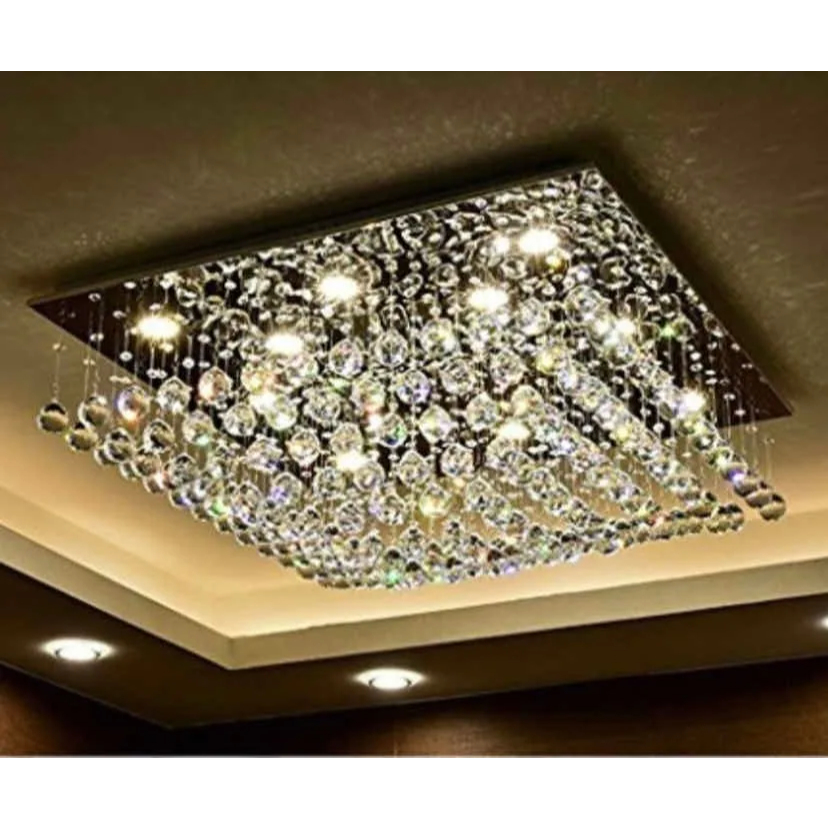 Lustre De Cristal Legítimo Plafon Alto Brilho Com Lâmpadas 100x100cm Prata