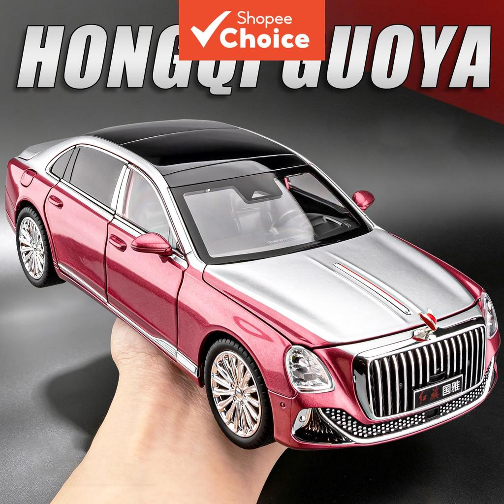 Carro de Brinquedo Modelo HongQi GuoYa em escala 1:24, Liga Metálica, Portas com Amortecedor, Abrem, Som e Luz, Função