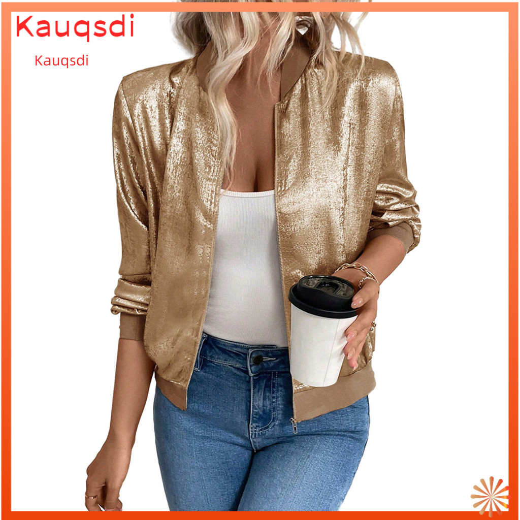 Style Jacket Stylish Women Blazer Women’s Sequin Cropped Lightweight Shiny Zipper Coat Long Sleeve Glitter Party Disco