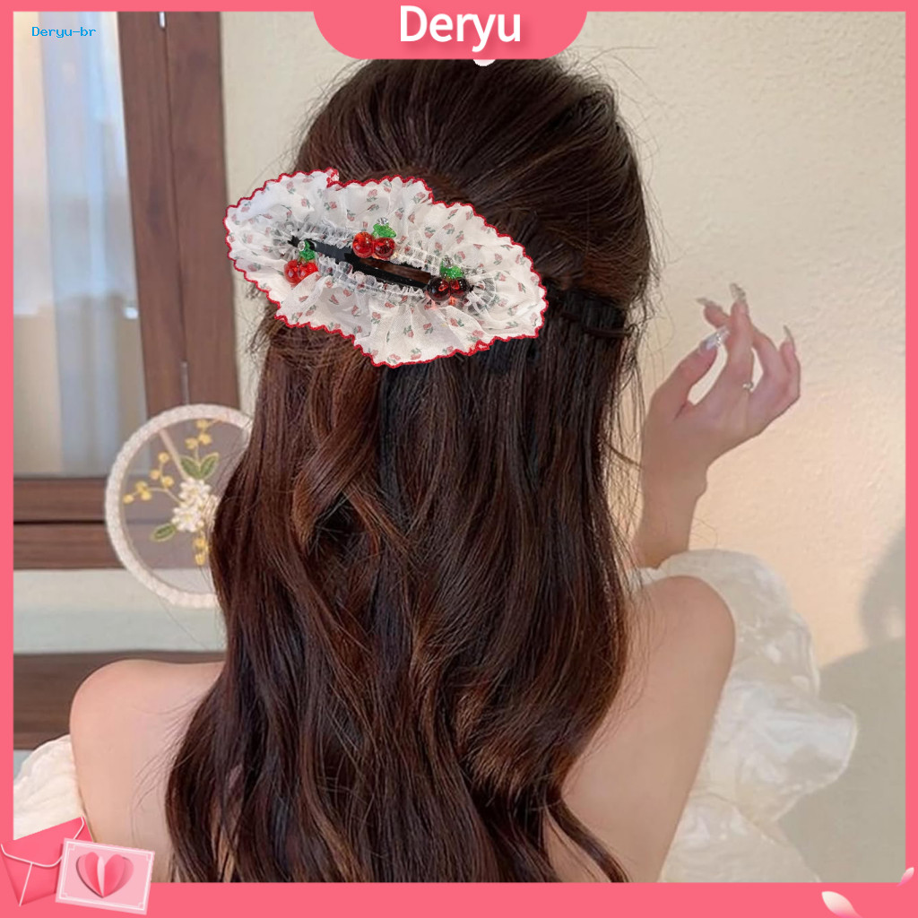 Lightweight Mesh Lace Hair Clip Strong Clamping Pin Transparent with Cherry Decoration Half-tied Bun Accessory Stylish f