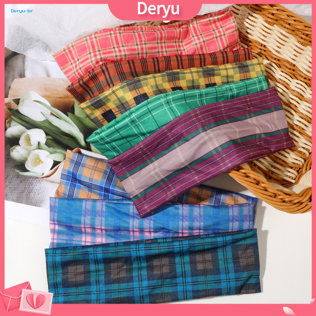 Exercise Sweat Wicking Band Soft Fabric Headband American Retro Style Plaid Stretchy Wide Hair for Women Fitness Travel
