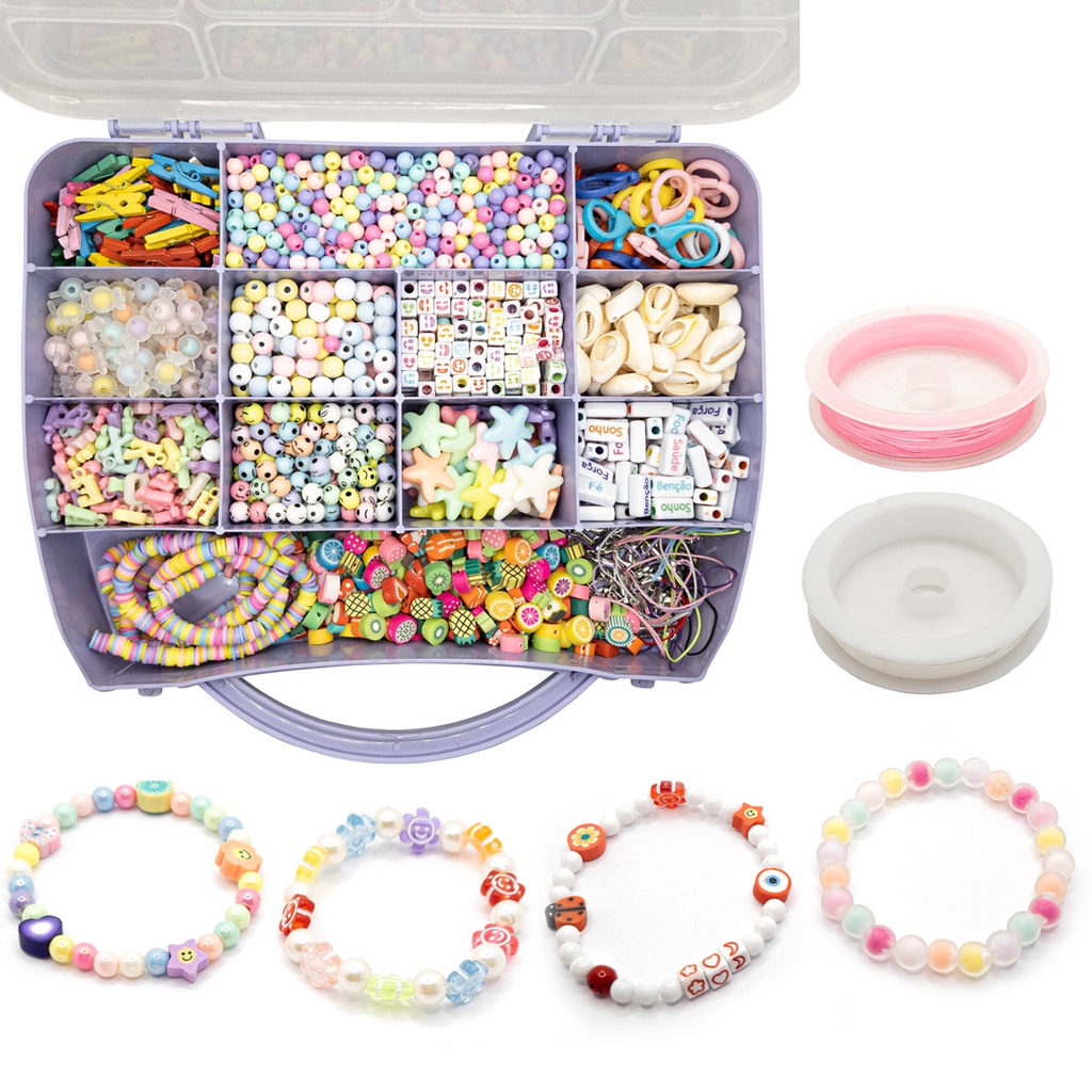 Kit Miçanga Colorida Diversos Infantil Pulseiras Colar Strap Maleta Missangas