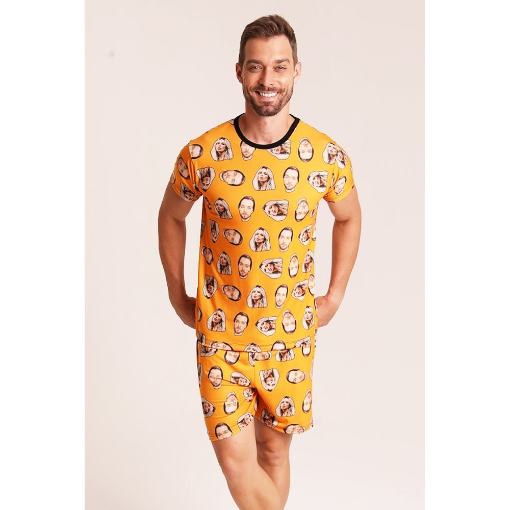 Pijama Masculino Personalizado - Customize Pijamas com Suas Fotos - Pijama Curto Customizável - Laranja