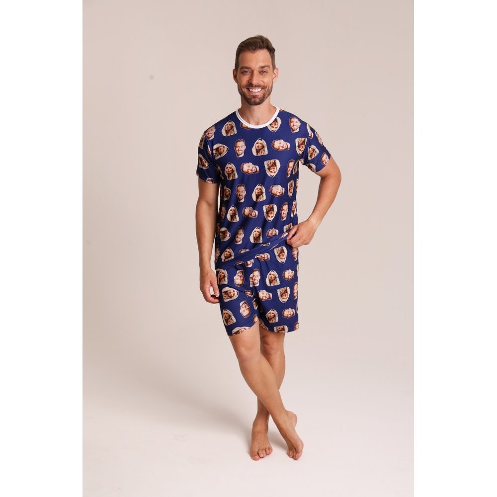 Pijama Masculino Personalizado - Customize Pijamas com Suas Fotos - Pijama Curto Customizável - Azul Marinho