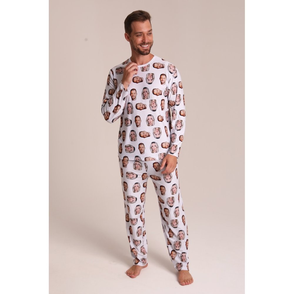 Pijama Masculino Personalizado Inverno - Customize com Suas Fotos - Pijama Longo Customizável - Branco