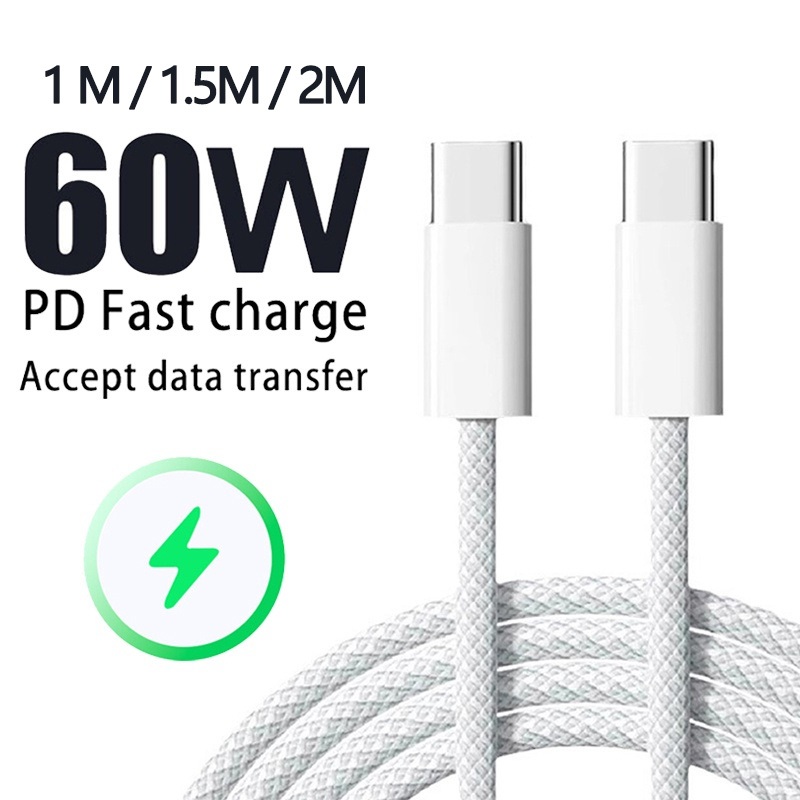 Cabo de Carregamento Rápido USB-C 60W PD, trançado, para iPhone 15/16 Pro Max e smartphones Android