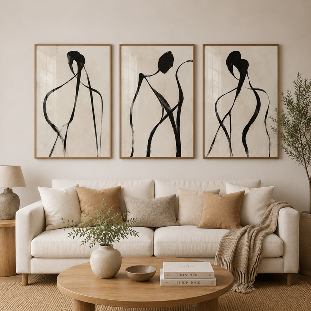 Kit 3 Quadros Decorativos Sala Hall Escritório Silhueta Linear Preto Off White
