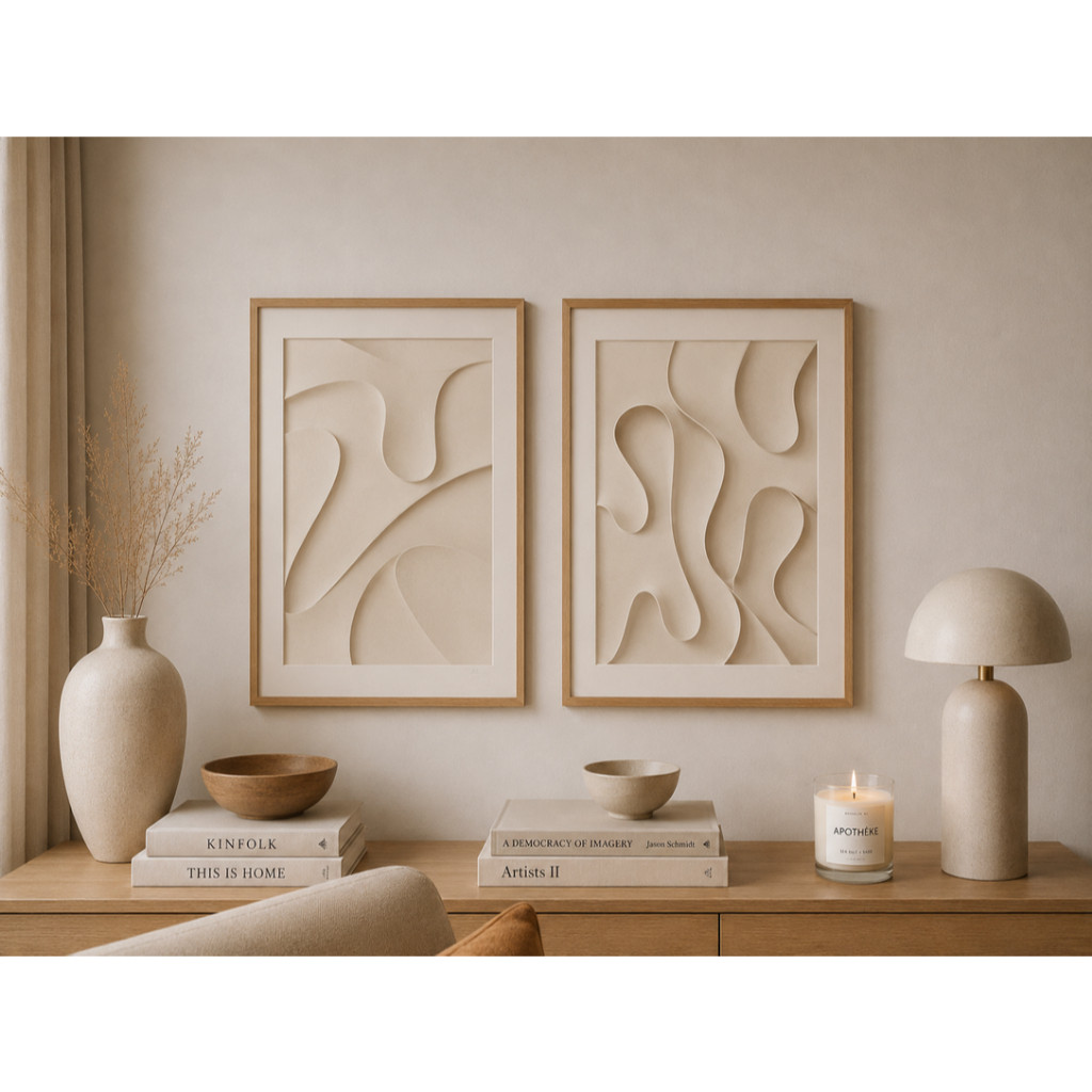 Kit DUO De Quadros Decorativos Sala Quarto Hall Linear Curvas Textura Minimalista Monocromático