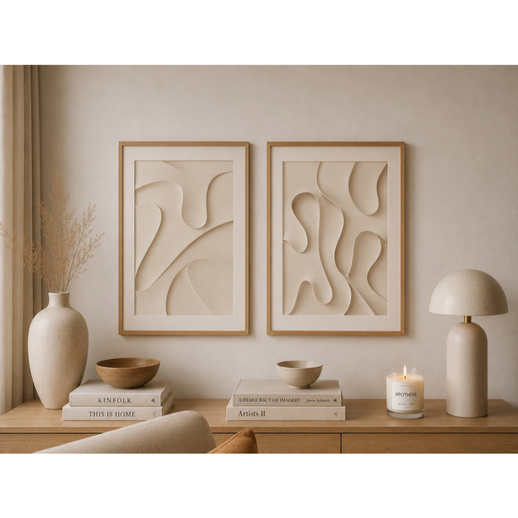 Kit DUO De Quadros Decorativos Sala Quarto Hall Linear Curvas Textura Minimalista Monocromático