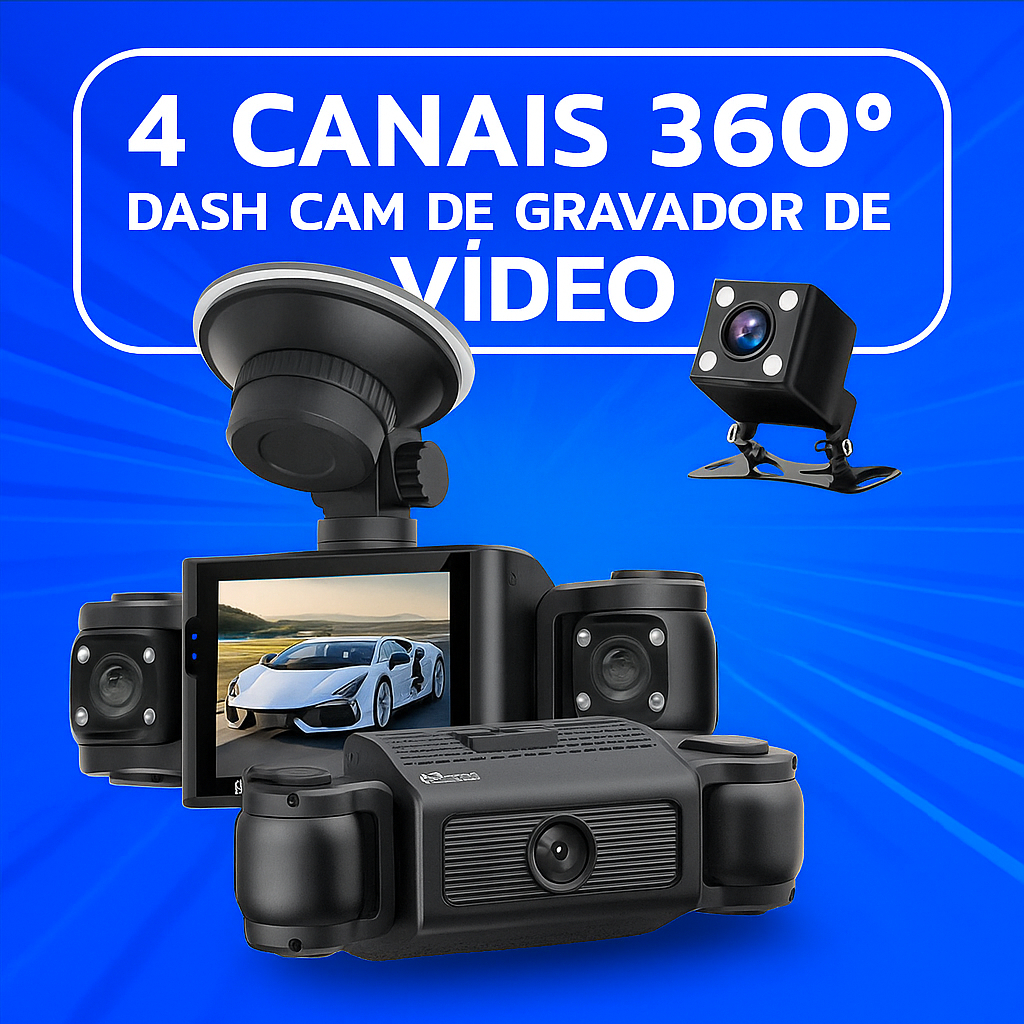Camera Carro Dashcam De 4 Cameras 360° Gravador De Vídeo Frontal Interior e Ré Tela 3 Polegadas