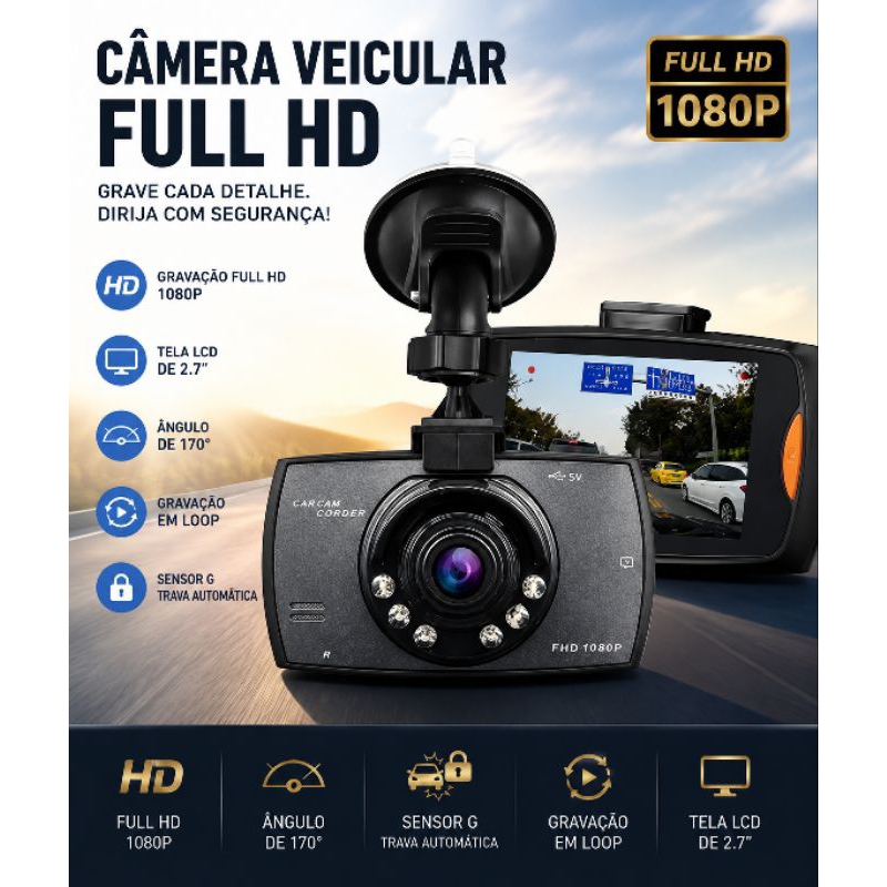 Câmera Veicular XUSHIDZ 1080P com Visão Noturna, Gravador de Vídeo para Carro, Dashcam DVR com Gravação