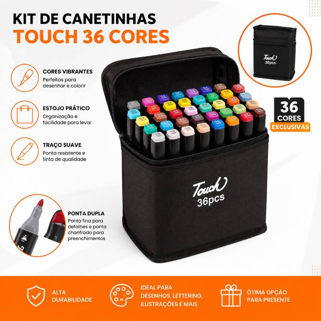 Kit Canetinhas Touch 36 Cores Marcadores Dual Tip Estojo Profissional Para Desenho, Lettering e Arquitetura