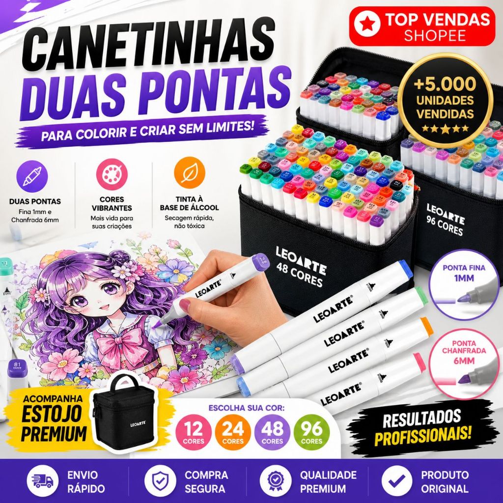 KIT 12/24/48/96 Estojo Caneta Canetinha Marcador Touch Ponta Dupla Dual Tip Boobie Goods Infantil