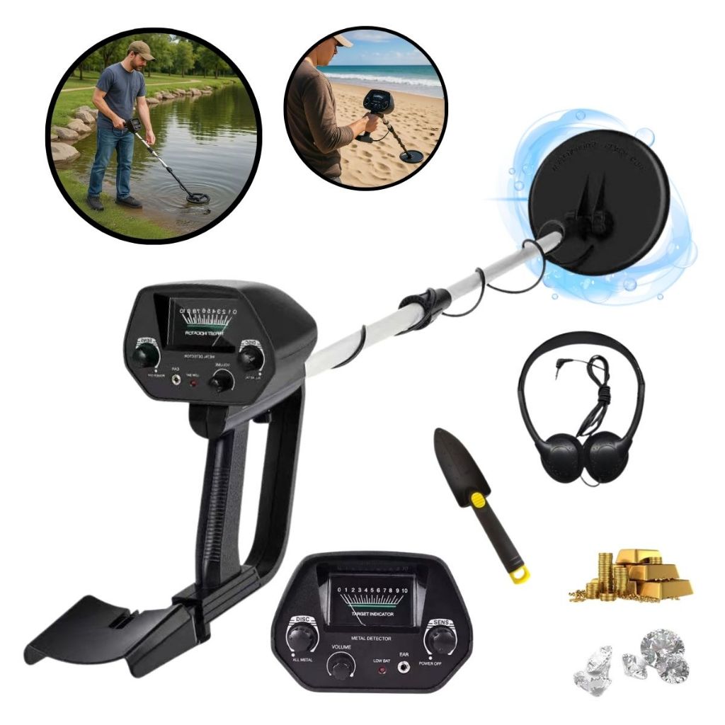 Detector de Metal 1,5m Completo – Pá, Fone, Bobina Impermeável, Pinpoint e Ajuste de Sensibilidade