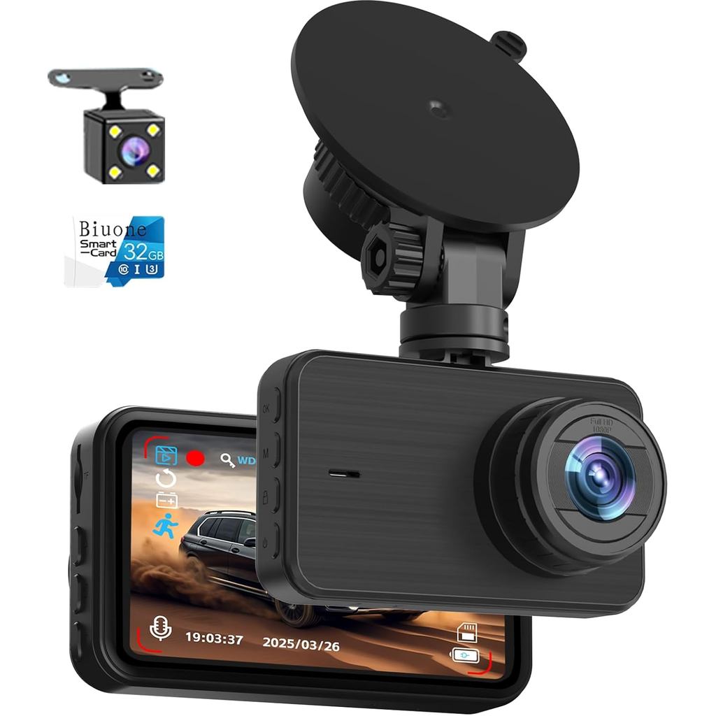 Dash Cam Front and Rear with 32G Card FHD 1080P 3”IPS Screen Dash Camera for Cars W/Super Night Vision Dashboard Camera