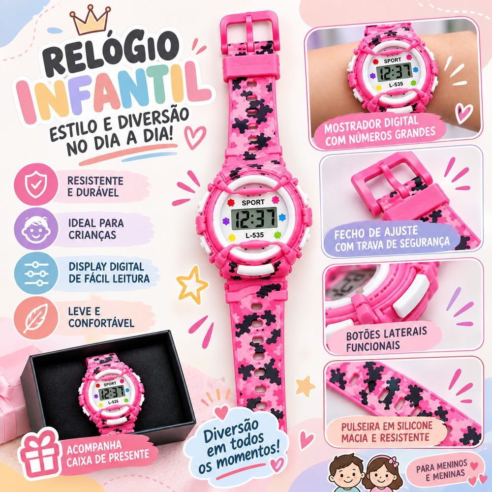 Relógio Infantil Digital Esportivo Camuflado Menino Menina Confortável