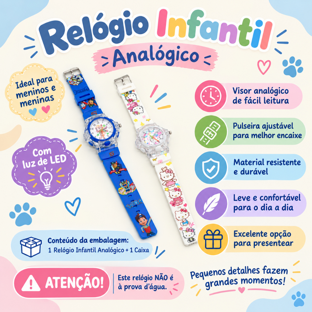 Relógio Infantil para Meninos e Meninas Ponteiro Acende a Luz