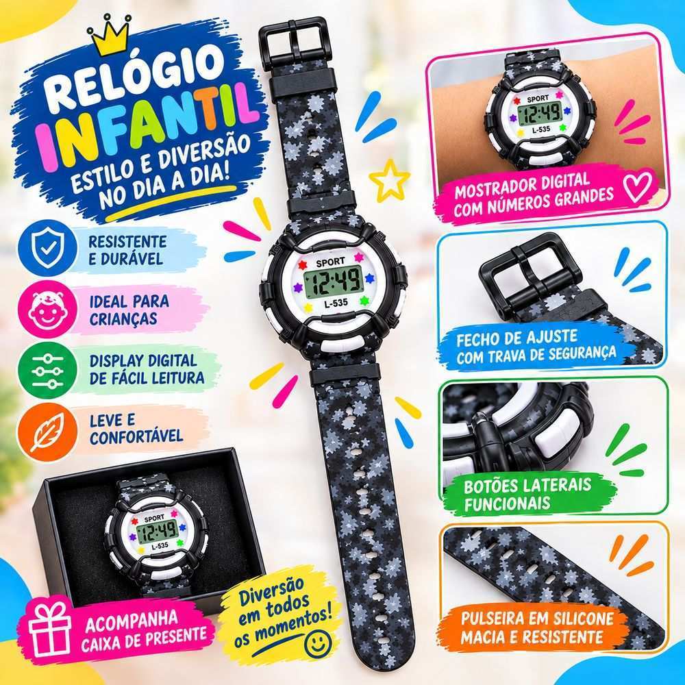 Relógio Infantil Digital Pulseira Silicone Confortável