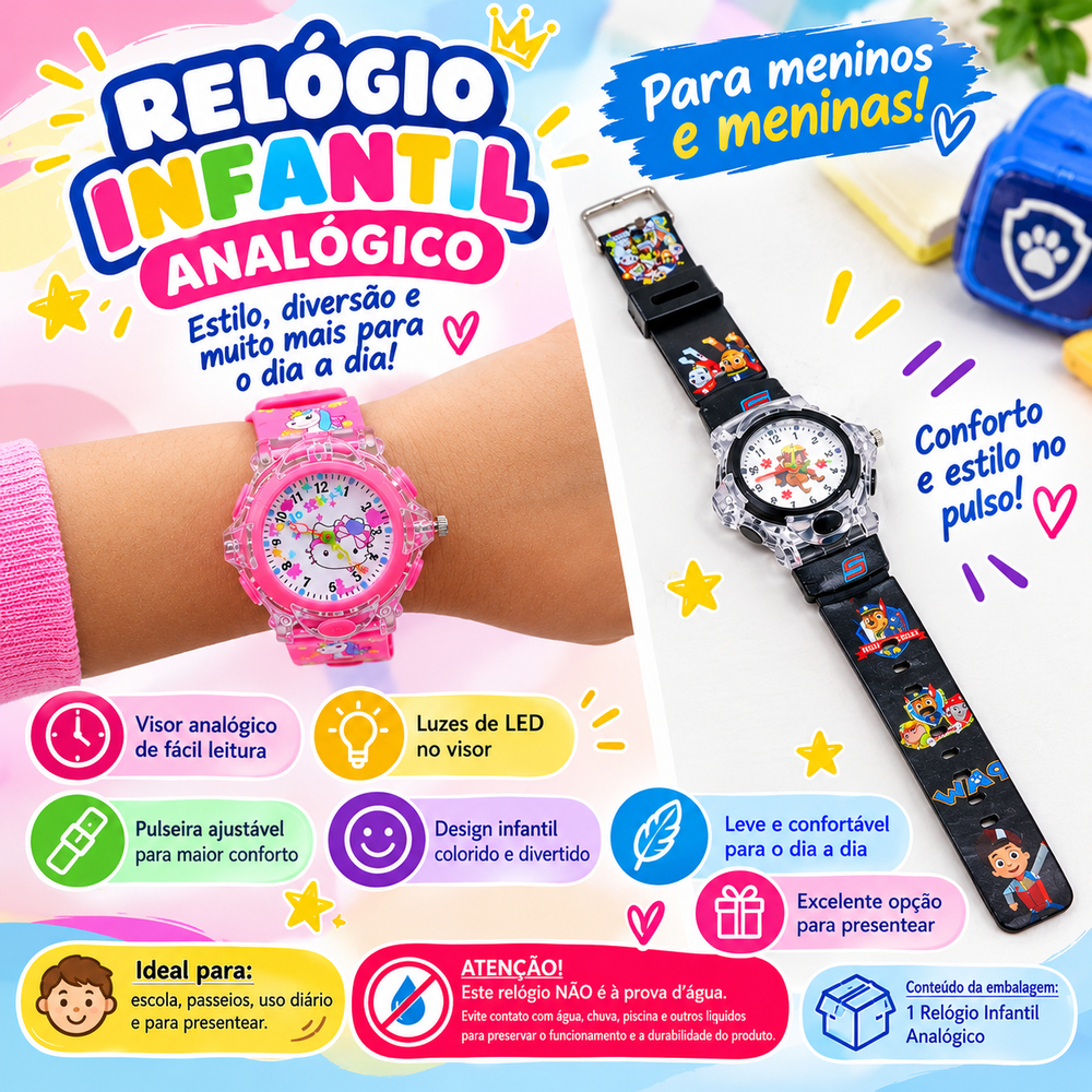 Relógio Infantil para Meninos e Meninas Analógico com Luz LED